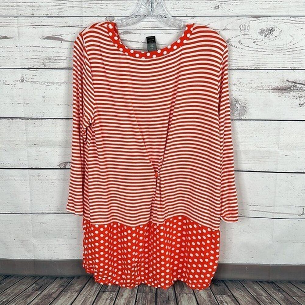 Ali Miles Top Shirt Womens Medium Orange White Stripe Polka dot Tunic Art Casual - Picture 7 of 12